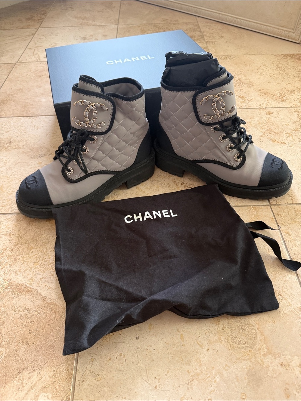 CHANEL Quilted Gray and Black Combat Boots with CC Hardware